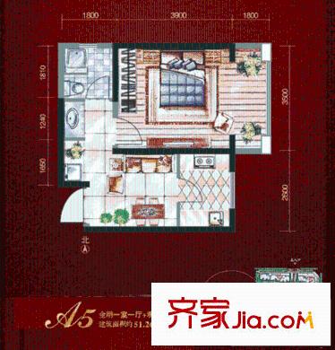 新一代北城國際戶型圖A5戶型圖 1室1廳1衛(wèi)1廚