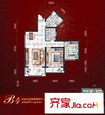 新一代北城國際戶型圖B4戶型圖 2室2廳1衛(wèi)1廚