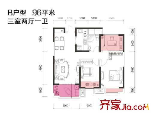 金輝?世界城B戶型 96平 3室2廳1衛(wèi)1廚