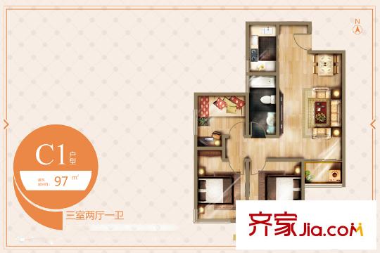 臻園?陽光C1戶型 3室2廳1衛(wèi)1廚