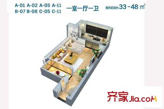 翰驪國際33-48平 1室1廳1衛(wèi)1廚