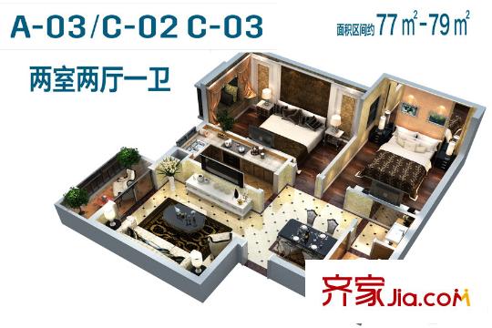 翰驪國際A-03/C-02/C-03戶型圖 2室2廳1衛(wèi)1廚