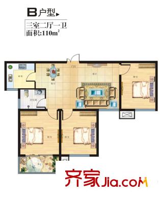 天健?望湖大觀1#/2#樓B戶型 3室2廳1衛(wèi)1廚