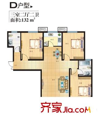 天健?望湖大觀D戶型-西戶 3室2廳2衛(wèi)1廚