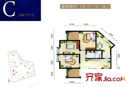 辰宮雙河灣C5號(hào)樓C戶型 3室1廳1衛(wèi)1廚