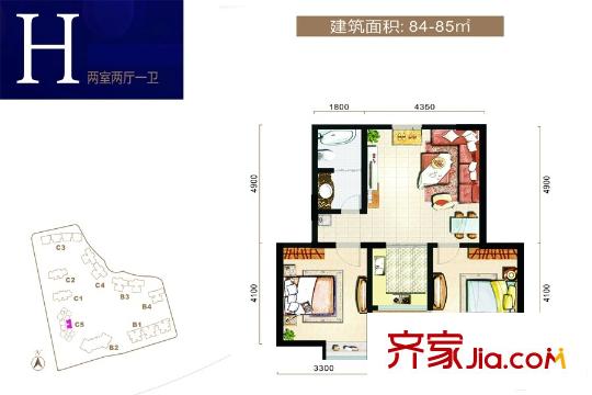 辰宮雙河灣C5號樓H戶型 2室2廳1衛(wèi)1廚