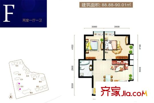 辰宮雙河灣C5號樓F戶型 2室1廳1衛(wèi)1廚