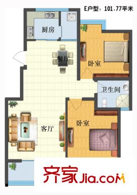 泰和御景豪庭2號(hào)樓E1戶型標(biāo)準(zhǔn)層 2室2廳1衛(wèi)1廚