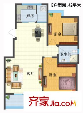 泰和御景豪庭2號(hào)樓E戶型標(biāo)準(zhǔn)層 2室2廳1衛(wèi)1廚