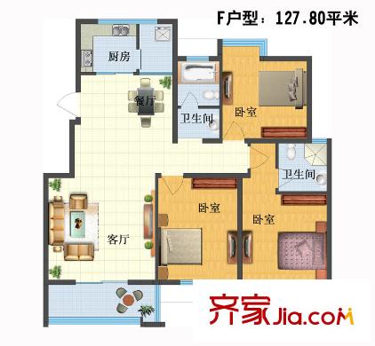 泰和御景豪庭2號樓F戶型標準層 3室2廳2衛(wèi)1廚