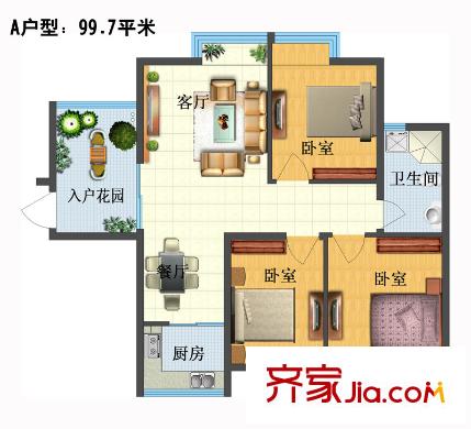 泰和御景豪庭3號樓A戶型標準層 3室2廳1衛(wèi)1廚