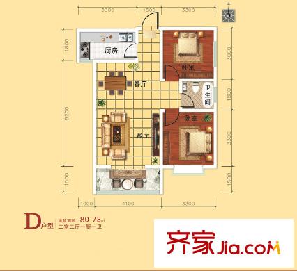 錦尚云天?古鎮(zhèn)1號(hào)樓/2號(hào)樓D戶(hù)型 2室2廳1衛(wèi)1廚