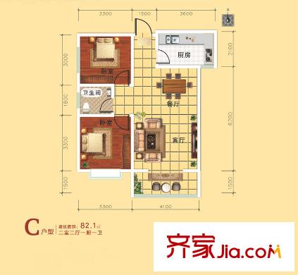 錦尚云天?古鎮(zhèn)1號樓/2號樓C戶型 2室2廳1衛(wèi)1廚