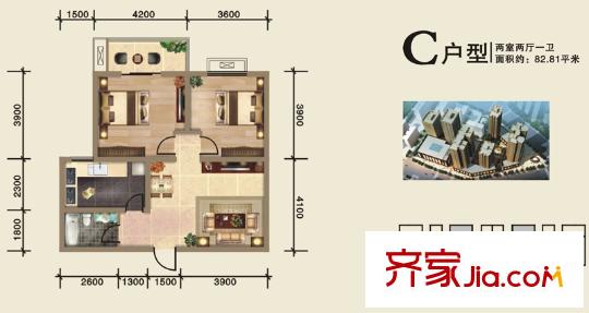 開遠(yuǎn)?半島廣場4號樓D/E單元C戶型 2室2廳1衛(wèi)1廚