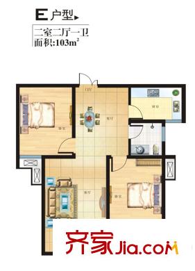天健?望湖大觀1#/2#樓E戶型 2室2廳1衛(wèi)1廚