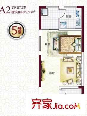 鳳城庭院5號樓A2標準層戶型圖 1室1廳1衛(wèi)1廚