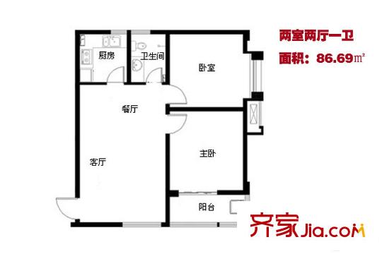 鳳城庭院5號樓86平戶型 2室2廳1衛(wèi)1廚
