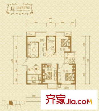 瑞泰卡地亞5#樓B戶型 3室2廳2衛(wèi)1廚