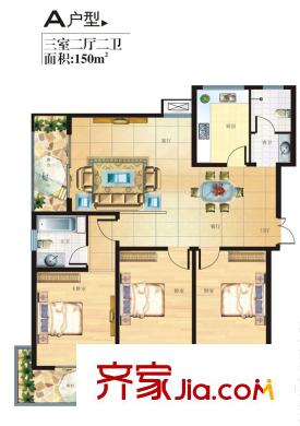 天健?望湖大觀1#/2#A戶型 3室2廳2衛(wèi)1廚