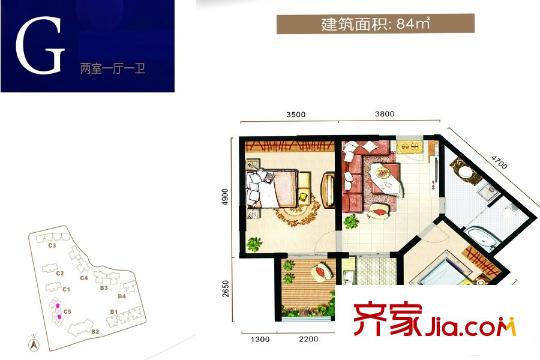 辰宮雙河灣C5號樓G戶型 2室1廳1衛(wèi)1廚