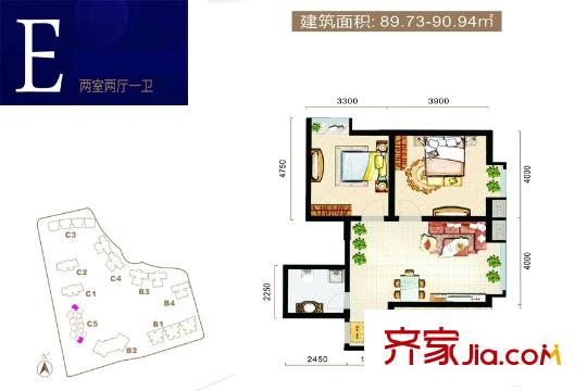 辰宮雙河灣C5號樓E戶型 2室2廳1衛(wèi)1廚
