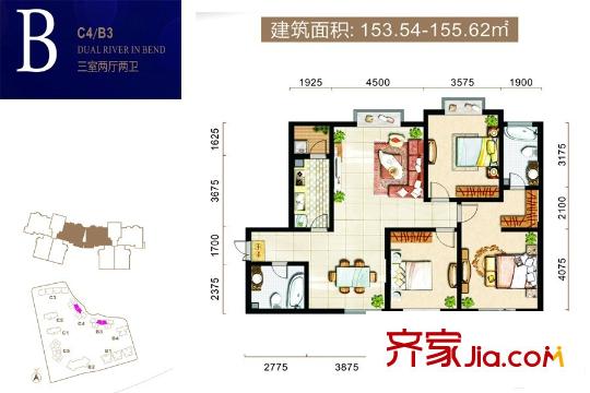 辰宮雙河灣C4B3號(hào)樓B戶型圖 3室2廳2衛(wèi)1廚
