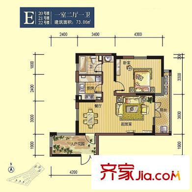 大華曲江公園世家20、21、22號(hào)樓 E戶型 1室2廳1衛(wèi)1廚