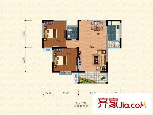 東城國際1號樓a-3戶型 2室2廳1衛(wèi)1廚