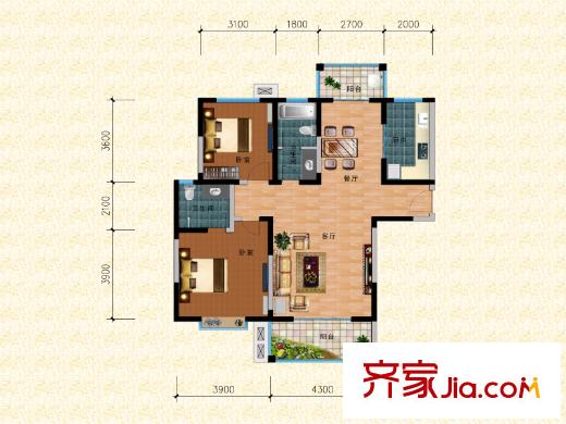 東城國際1號樓a-2戶型 2室2廳2衛(wèi)1廚