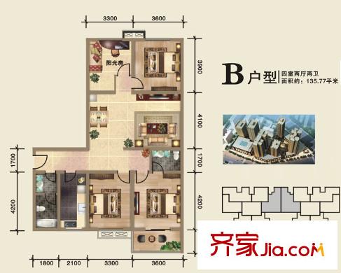 開遠?半島廣場4號樓D/E單元B戶型 4室2廳2衛(wèi)1廚