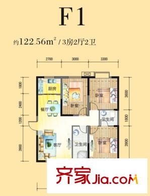 八水御源1-3號樓F1戶型 3室2廳2衛(wèi)1廚