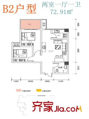 尚邦25時(shí)區(qū)1號(hào)樓B2戶型 2室1廳1衛(wèi)1廚