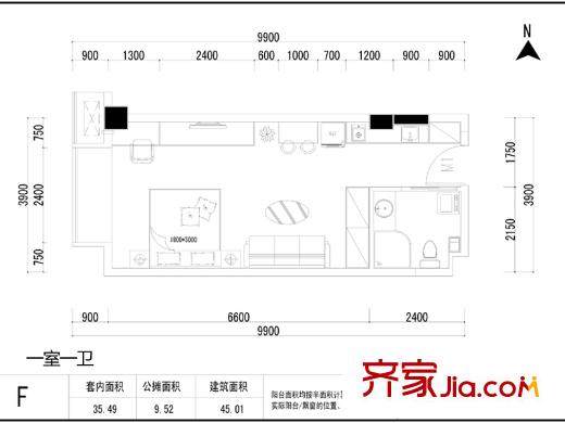 天壇佳苑（地塊）公寓1#F戶(hù)型 1室1衛(wèi)