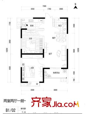 天壇佳苑（地塊）公寓1#B1/02戶(hù)型 2室2廳1衛(wèi)1廚