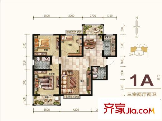 希爾國(guó)際公館1號(hào)樓1A戶型 3室2廳2衛(wèi)1廚