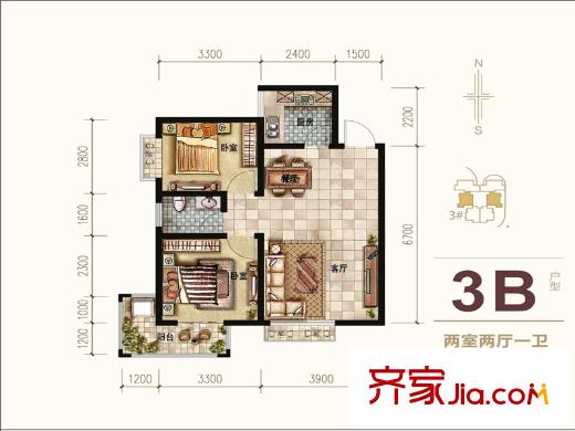 希爾國(guó)際公館3號(hào)樓3B戶型 2室2廳1衛(wèi)1廚