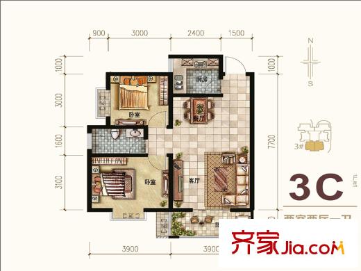 希爾國(guó)際公館3號(hào)樓3C戶型 2室2廳1衛(wèi)1廚
