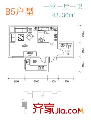 尚邦25時(shí)區(qū)1號(hào)樓B5戶型 1室1廳1衛(wèi)1廚
