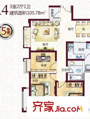 鳳城庭院5號樓A4標準層戶型圖 3室2廳1衛(wèi)1廚