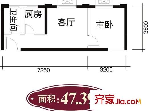 鳳城庭院6號樓47平戶型 1室1廳1衛(wèi)1廚