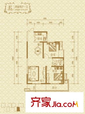 瑞泰卡地亞5#樓E戶型 2室2廳1衛(wèi)1廚