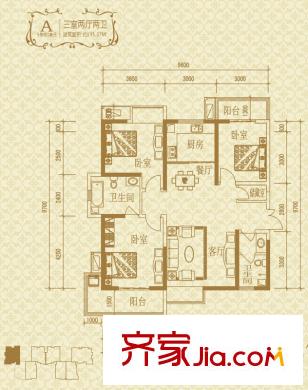 瑞泰卡地亞5#樓A戶型 3室2廳2衛(wèi)1廚