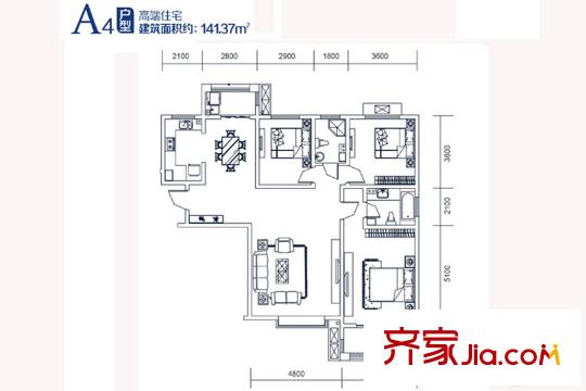 朝陽國際廣場1號樓A4戶型 3室2廳2衛(wèi)1廚