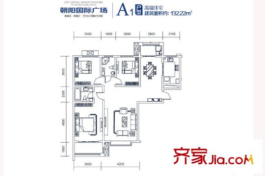 朝陽國際廣場1號樓A1戶型 3室2廳2衛(wèi)1廚