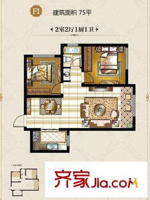 清涼山國(guó)際社區(qū)20號(hào)樓F1戶型 2室2廳1衛(wèi)1廚