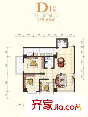 豐禾壹號(hào)1號(hào)樓D1戶型 3室2廳2衛(wèi)1廚