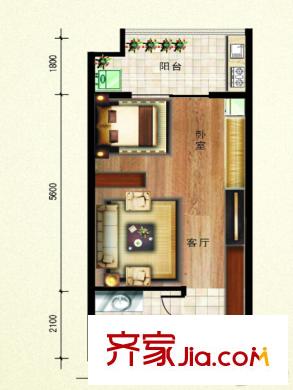 翰林17坊1號(hào)樓C戶型 1室1廳1衛(wèi)1廚