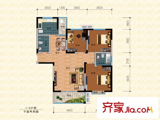 東城國際1號樓a-4戶型 3室2廳2衛(wèi)1廚