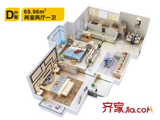 佳龍?大沃城12號樓D戶型 2室2廳1衛(wèi)1廚