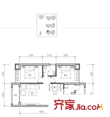 漢城壹號(hào)1-9號(hào)樓5K戶(hù)型圖 2室2廳1衛(wèi)1廚